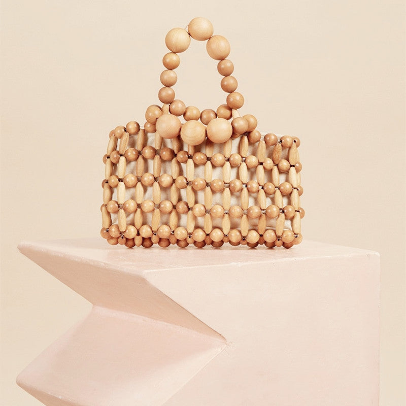 Antique New Ins With The Same Hand-Woven Girl From Natural Wood Beads Handbag Retro Bamboo Bag Beach Bag